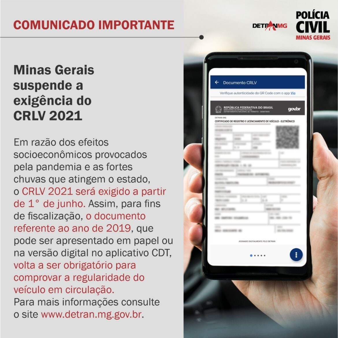 MINAS GERAES SUSPENDE A EXIGÊNCIA DO CRLV 2021